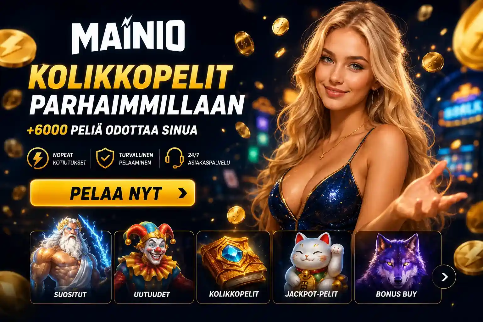 Mainio kolikkopelien mainos ja nainen pelissä