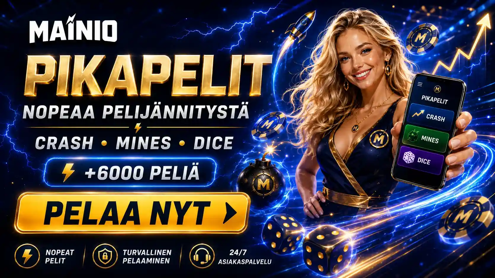 Mainio pikapelien mainos naishahmo ja mobiilinäyttö