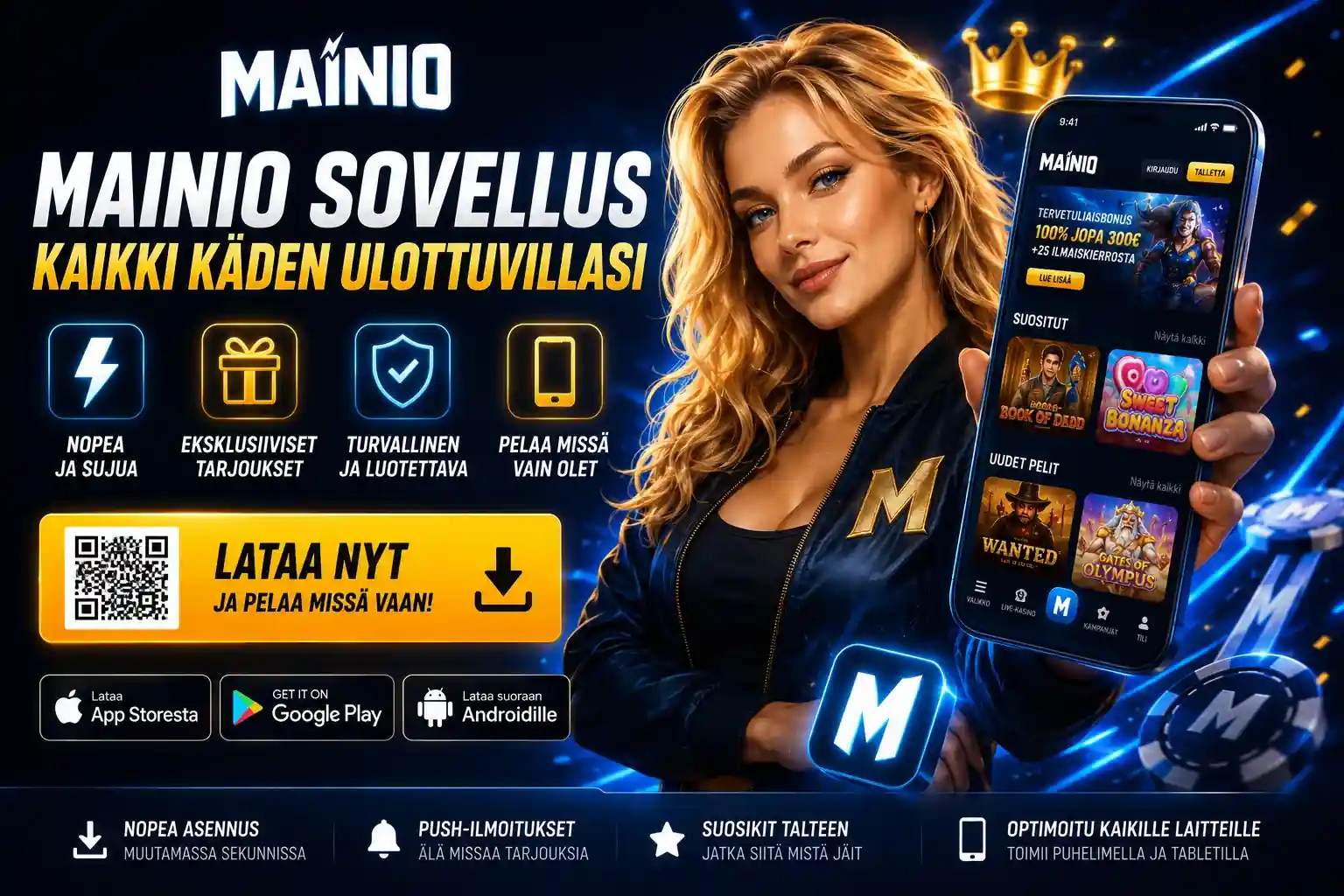 Mainio mobiilisovellus ja naishahmo pelin lataus QR-koodi